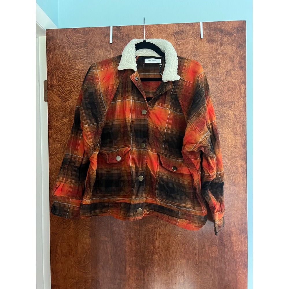 Urban Outfitters Flannel Shirt Jacket Women S Orange Plaid Sherpa Collar Snap